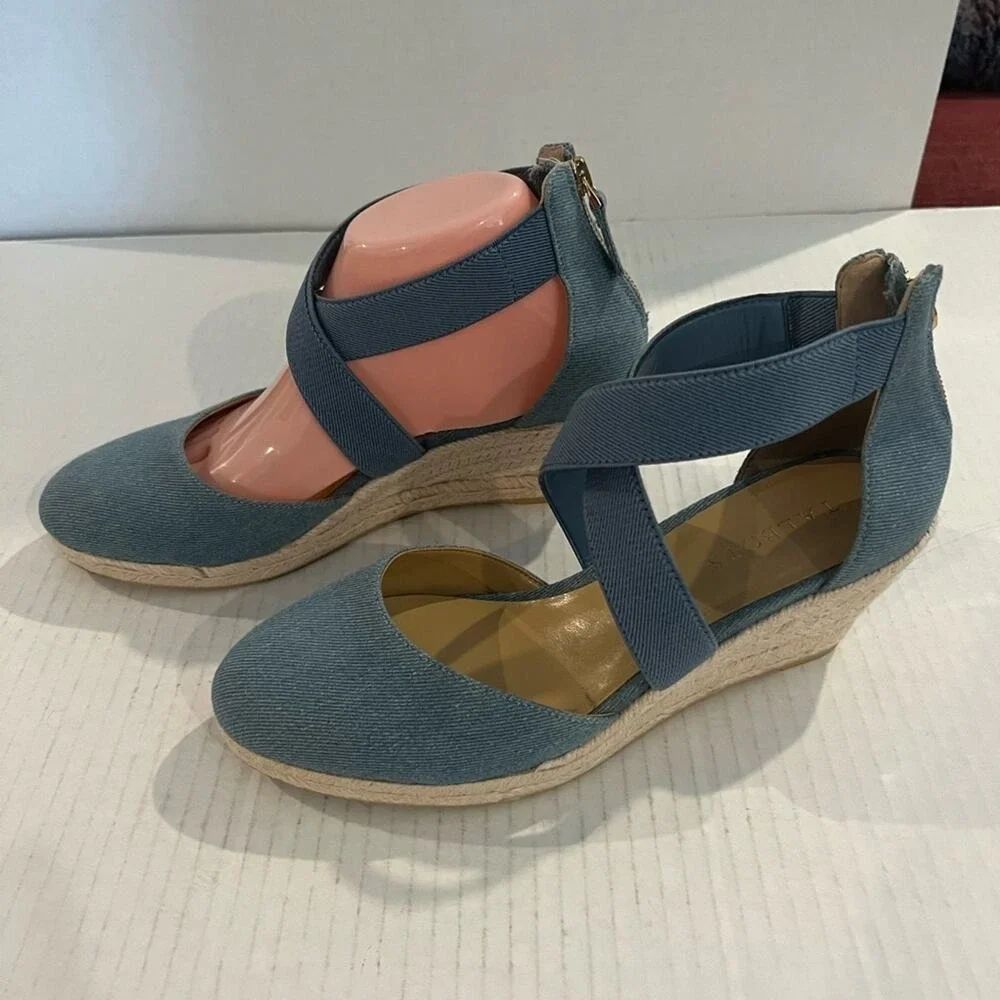 Talbots Lyndsay Espadrille Denim Wedge Criss Cross Straps Back Zip Shoes Sz 9 - Picture 2 of 11